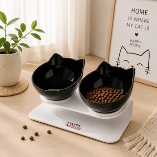 Set 2 boluri pentru pisici Happy Meow, înclinare de 15 grade, negru, 350ml