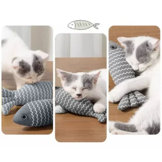 Jucărie pește pentru pisici din pluș moale Happy Meow, rezistent, conține catnip, 20x9cm, Gri