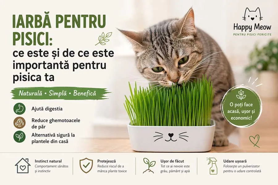 pisică mănâncă iarbă pentru digestie și protecția plantelor din casă