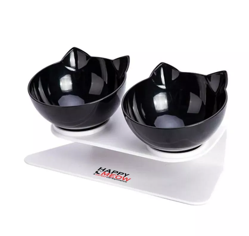 Set boluri pentru pisici Happy Meow, negru, din plastic non-toxic, cu înclinare de 15° și bază antiderapantă – confort și stabilitate la fiecare masă.