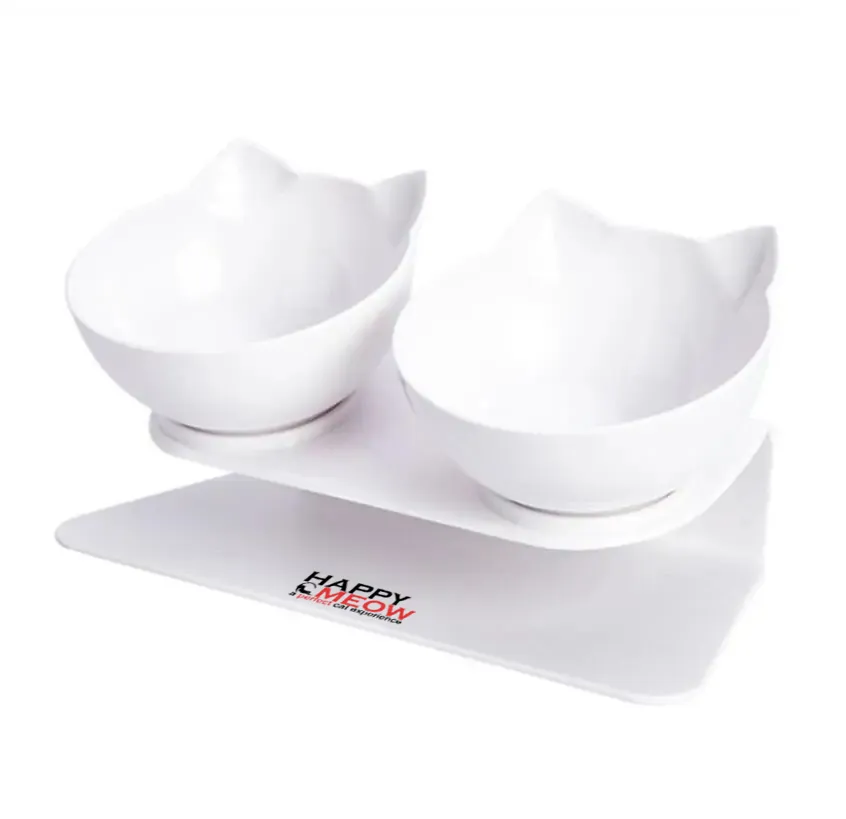 Set boluri albe pentru pisici Happy Meow, din plastic non-toxic, cu înclinare de 15° și bază antiderapantă – confort și stabilitate la fiecare masă.
