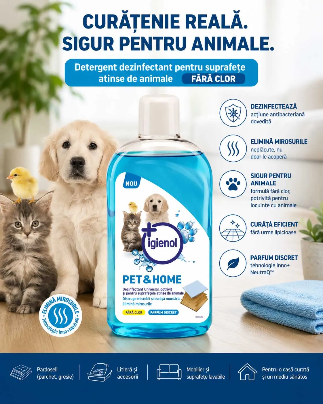 Soluție curățare pardoseală sigură pentru pisici Igienol Pet&Home, detergent non toxic pentru animale, fără clor, elimină mirosurile