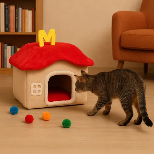 Casuță de pluș pentru pisici Happy Meow, 42x34x37 cm, demontabilă, crem-roșu, cu pernă de pluș