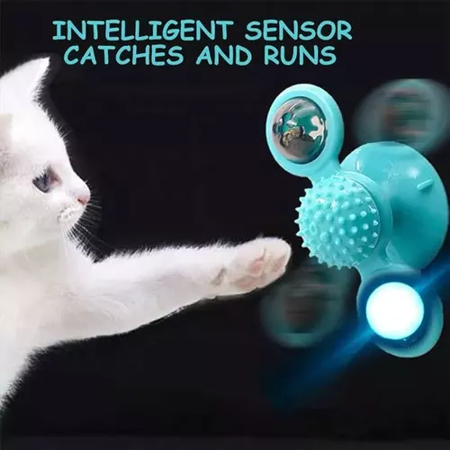 Jucărie pentru pisici, Spinner cu senzor de mișcare, lumină LED, biluță de catnip, turcoaz