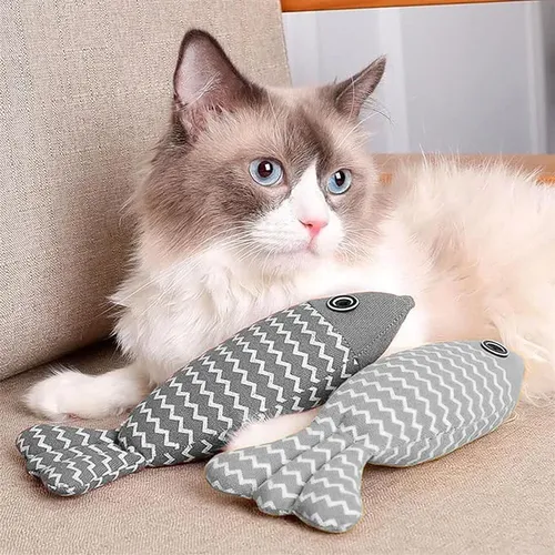 Jucărie pește pentru pisici din pluș moale Happy Meow, rezistent, conține catnip, 20x9cm, Gri