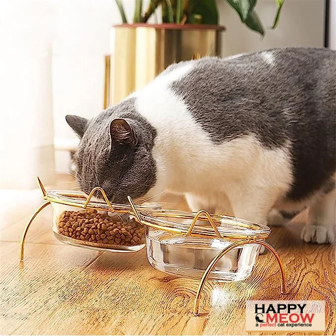 boluri de sticlă pentru pisici Happy Meow cu suport auriu