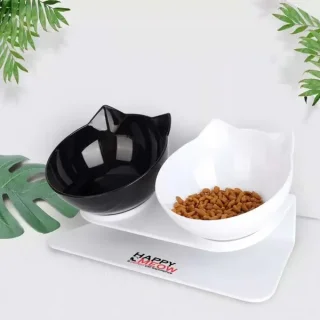 Set 2 boluri pentru pisici Happy Meow, înclinare de 15 grade, alb-negru, 350ml