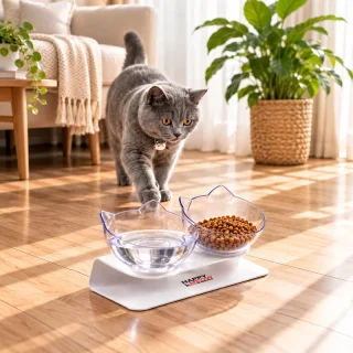 Bol ortopedic dublu transparent pentru pisici Happy Meow, 350ml
