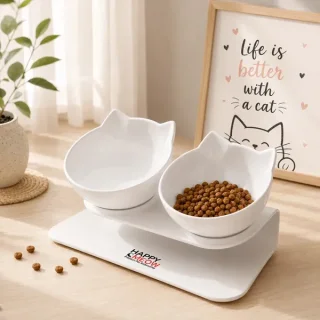 Set 2 boluri pentru pisici Happy Meow, înclinare de 15 grade, alb, 350ml