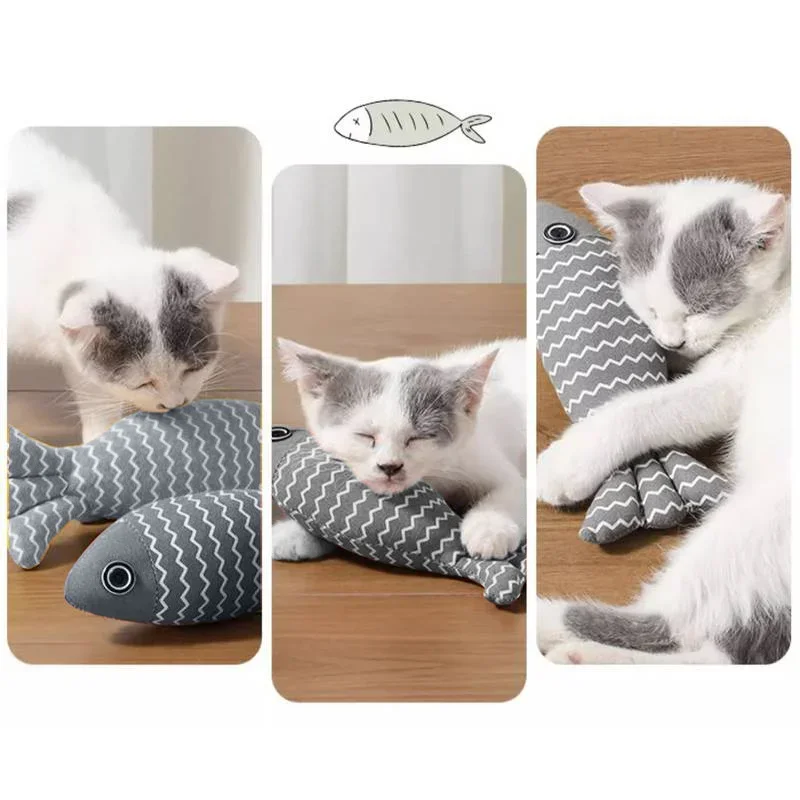 Jucărie pește pentru pisici din pluș moale Happy Meow, rezistent, conține catnip, 20x9cm, Gri