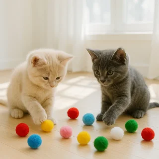 Set 12 jucării de pluș pentru pisici Fluffy Happy Meow, multicolore, 3cm