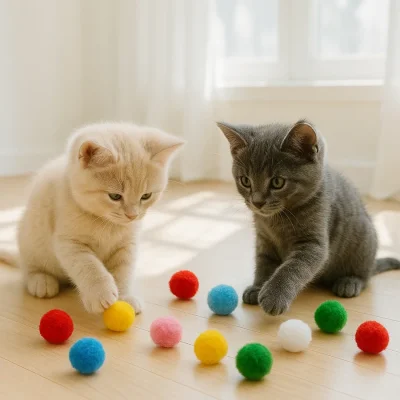 Set 12 jucării de pluș pentru pisici Fluffy Happy Meow, multicolore, 3cm