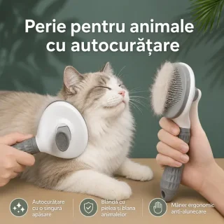 Perie pentru curățarea și îngrijirea părului de câini și pisici, cu buton auto-curățare