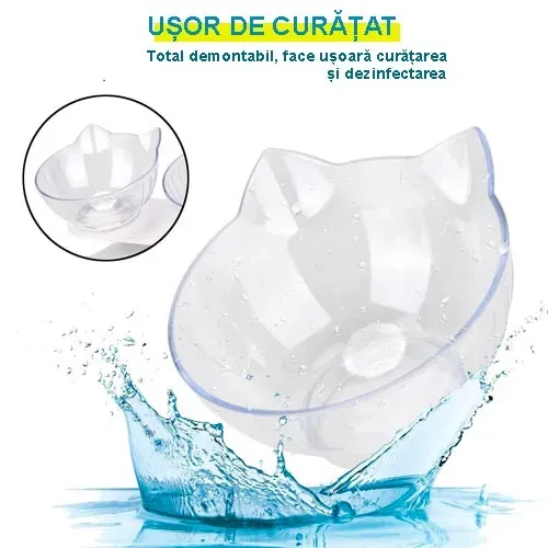 Set 2 boluri pentru pisici Happy Meow, înclinare de 15 grade, alb-negru, 350ml