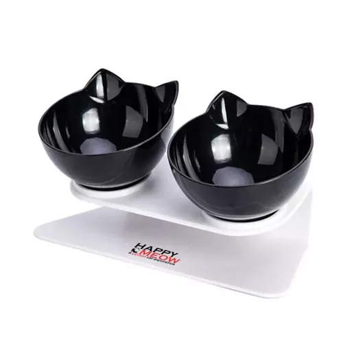 Set 2 boluri pentru pisici Happy Meow, înclinare de 15 grade, negru, 350ml