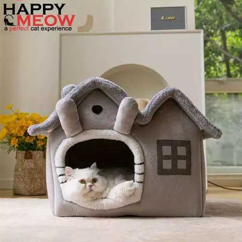 Căsuță de pluș pentru pisici Happy Meow, 39x32x34 cm, demontabilă, gri, dotată cu pernă de pluș