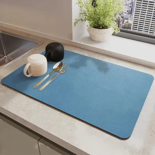 Covoraș absorbant anti-alunecare pentru blat de bucătărie, 60x40 cm, diatomit, cu suport din cauciuc, Albastru
