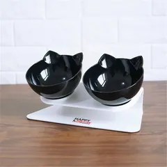 Set 2 boluri pentru pisici Happy Meow, înclinare de 15 grade, negru, 350ml