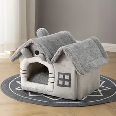 Căsuță de pluș pentru pisici Happy Meow, 39x32x34 cm, demontabilă, gri, dotată cu pernă de pluș