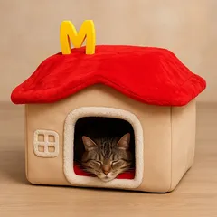 Casuță de pluș pentru pisici Happy Meow, 42x34x37 cm, demontabilă, crem-roșu, cu pernă de pluș
