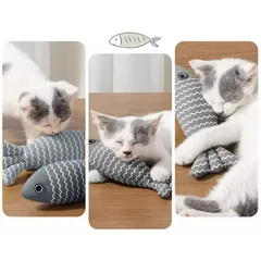 Jucărie pește pentru pisici din pluș moale Happy Meow, rezistent, conține catnip, 20x9cm, Gri