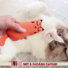Set 5 jucării pentru pisici în formă de pisicuțe vesele Happy Meow, conține catnip, material bumbac, 16x5x3.5cm, multicolor