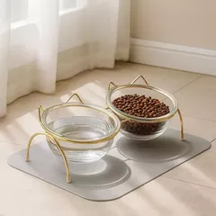 Boluri de sticlă formă de cap de pisică Happy Meow, bază metalică aurie antiderapantă