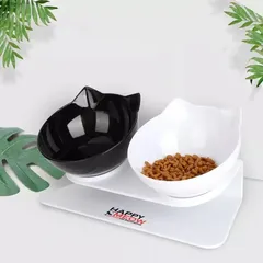 Set 2 boluri pentru pisici Happy Meow, înclinare de 15 grade, alb-negru, 350ml