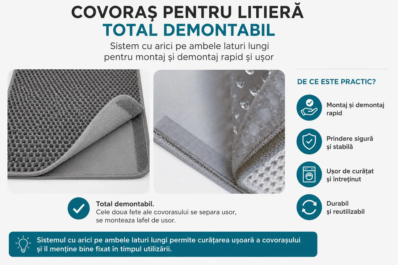 Covor pentru litieră automată complet demontabil, sistem cu arici