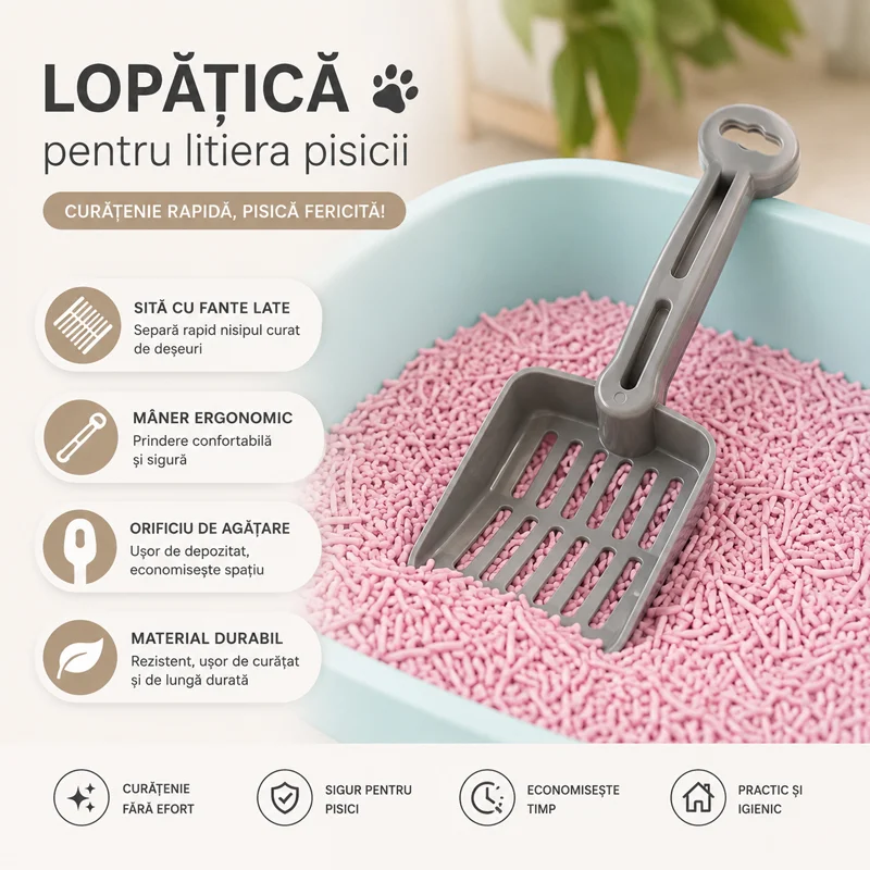 Lopatică pentru litieră pisici compatibilă cu așternut tofu și silicat