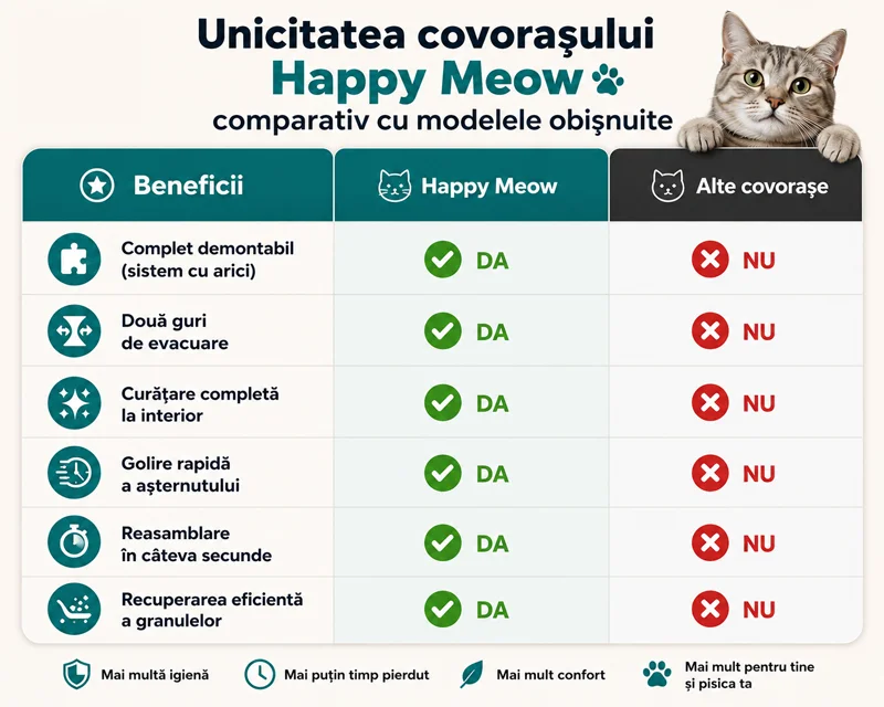 Comparație covor pentru litieră automată Happy Meow față de covoraș obișnuit